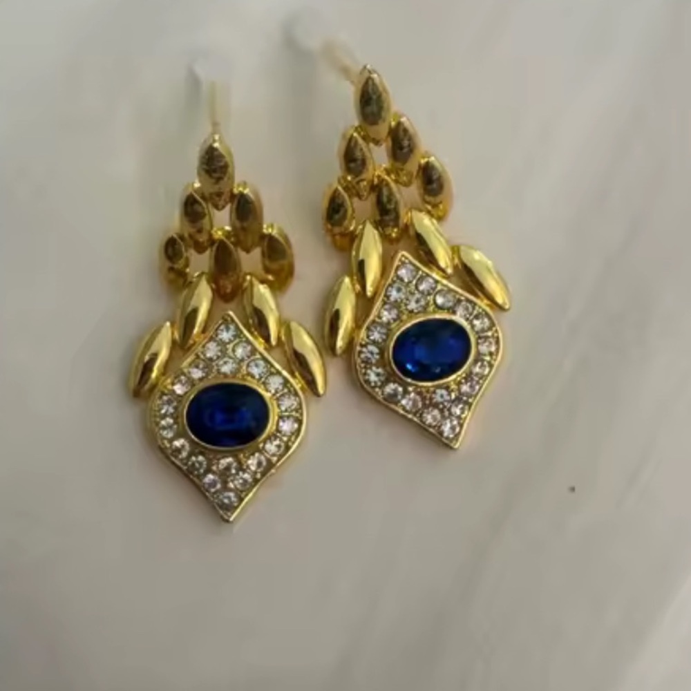 Vintage Royal Blue Sapphire Drop Gold Earrings - Picture 3 of 6